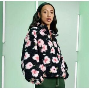 Sandy LiangxTarget Floral Print Sherpa Teddy Jacket Pink/Black 1/4 Zip lined SzL